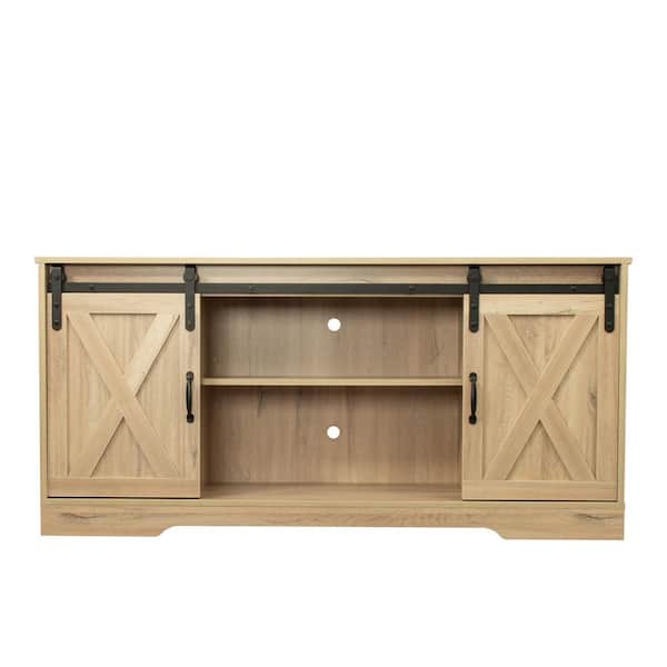 Z-joyee 59 in. Rustic Oak TV Stand Sliding Barn Door Entertainment Center Fits TV's up to 65 in. with Adjustable Shelves