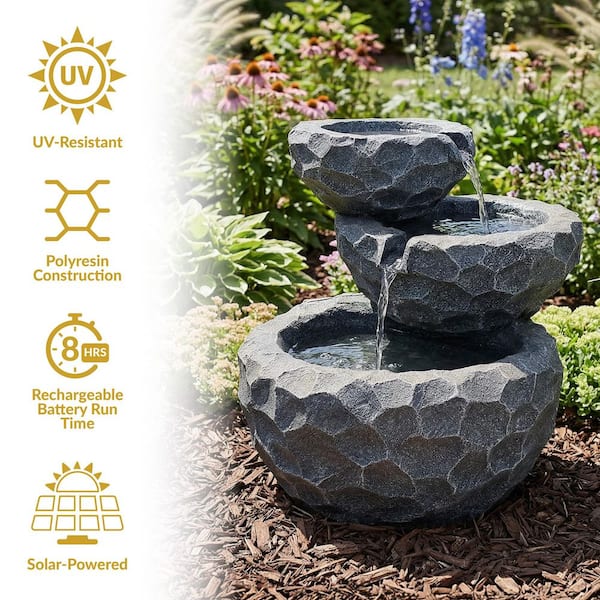 Sunnydaze 17 in. 3-Tier Chiseled Basin Solar Outdoor Tiered Water