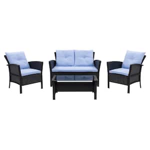 Cascade Black 4-Piece Resin Wicker Patio Conversation Set with Light Blue Cushions