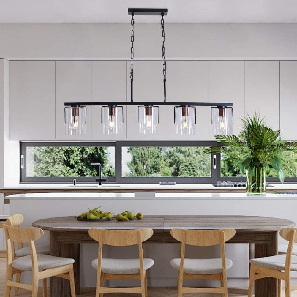 Rerhill 5-Light Matte Black Cylinder Linear Chandelier Clear Glass Shade for Kitchen Island with No Bulbs Included price history on PriceWatchPro