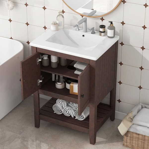 24 in. Single Sink Freestanding Brown Bath Vanity with White Ceramic Top, Solid Wood Frame, and Open Shelf, Assembled