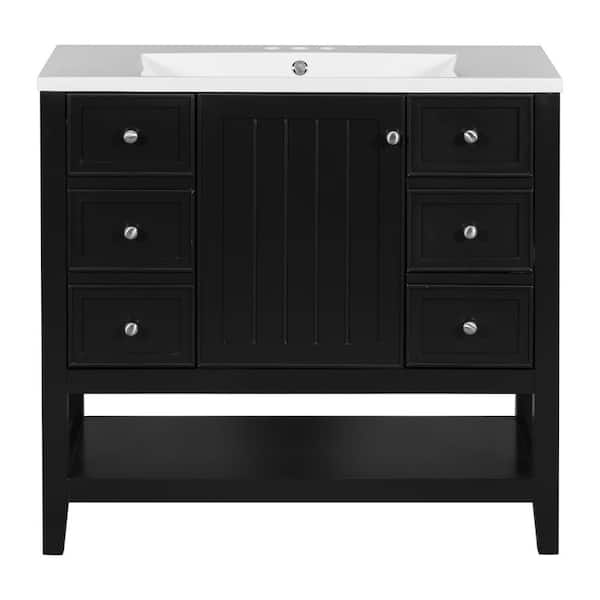 Tarsa 36 in. Bathroom Black Cabinet Bath Vanity with White Ceramic Sink Top, Drawers and Shelf