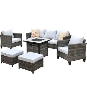 Saturn Gray 6-Piece Wicker Outdoor Patio Fire Pit Seating Sofa Set with Gray Cushions
