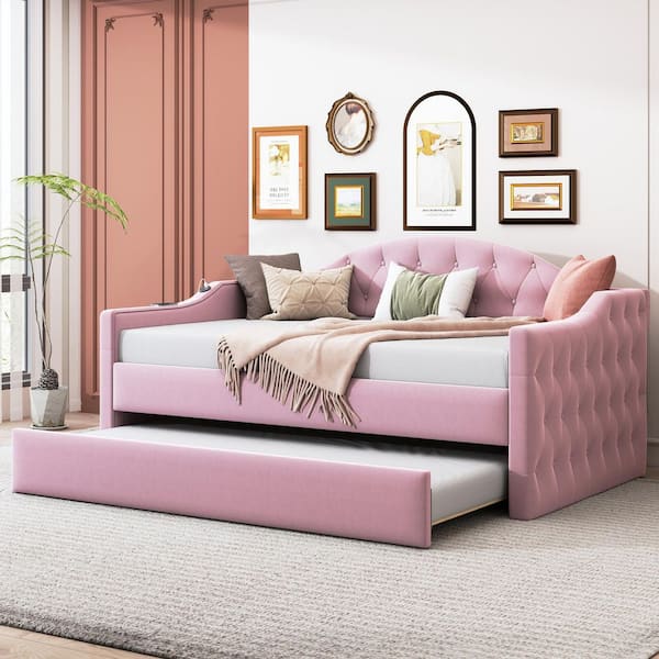 Vickers Modern Pink Twin Size Tufted Upholstered Velvet Daybed with Trundle, USB&Type-C Charging Ports