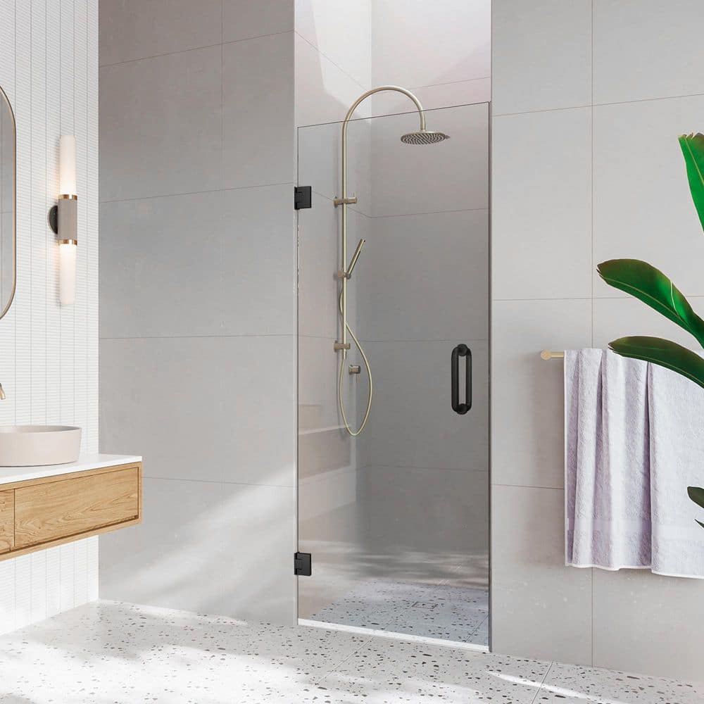 28" x 80" Frameless Clear Glass Pivot Shower Door with Matte Black Hardware