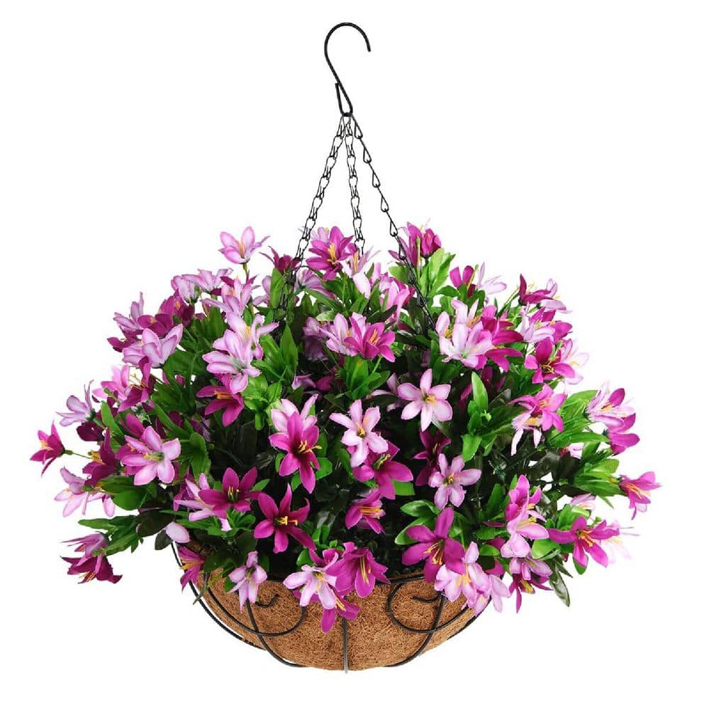 19 .7 in. H Purple Artificial Hanging Flowers in Basket, Outdoor Indoor Pat