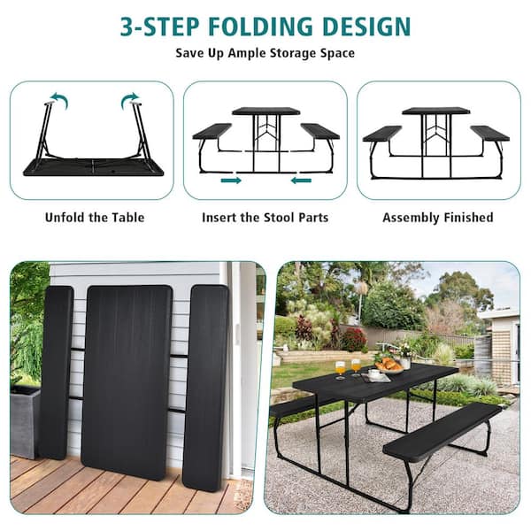 HONEY JOY Black Indoor & Outdoor Folding Picnic Table with Bench