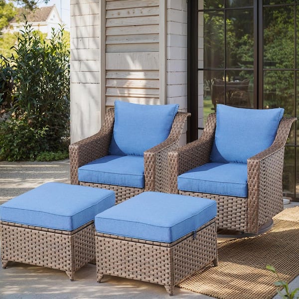 moosprr 4-Piece Brown Wicker Patio Conversation Set with Blue Olefin Cushions and 4 In. Wide Armrest/Patio Swivel Chairs