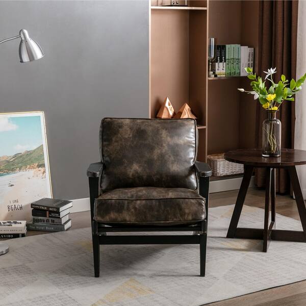 ATHMILE Black Mid-Century PU Leather Solid Wood Accent Chair with Removable Cushion (Set of 1)