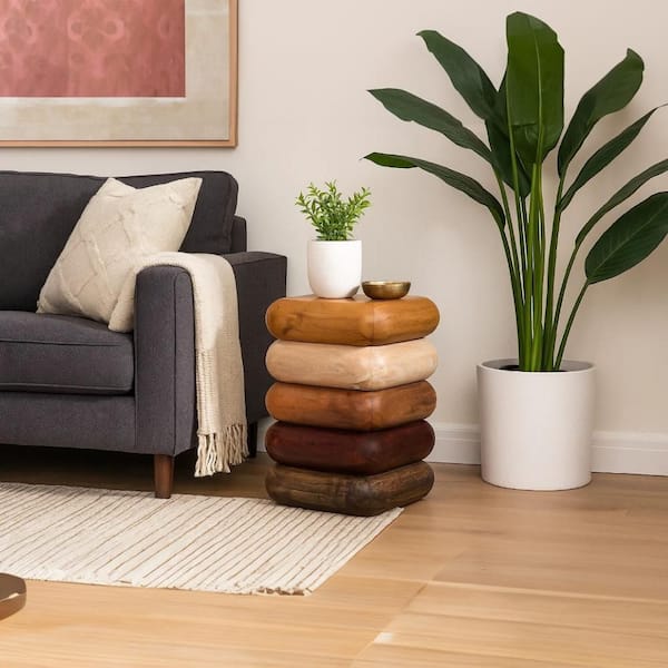 THE URBAN PORT Zyra 12 in. Brown Square Mango and Acacia Wood Artisanship Side End Table with Sculptural Stacked Design