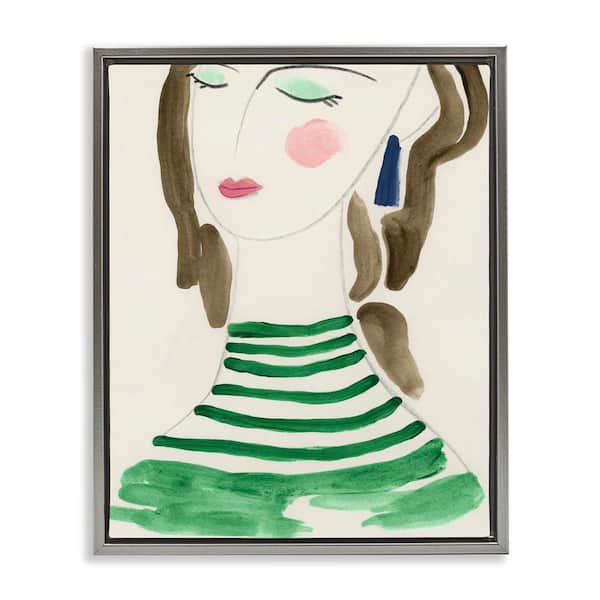 Stupell Industries Woman in Green Stripes by June Erica Vess Gray Floater Frame People Graphic Art Print 31 in. x 25 in.