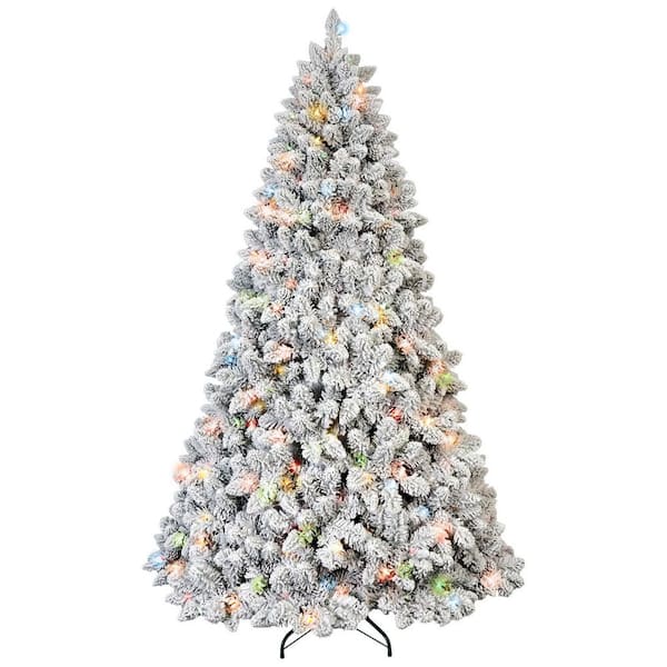 6 ft. Artificial Flocked Christmas Tree with 350 Colorful UL Lights, 36 Natural Pine Cones, 888 Snowy PVC Tips, Stand