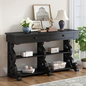 54 in. Antique Black Rectangle Wood Console Table with Shelves and Drawers