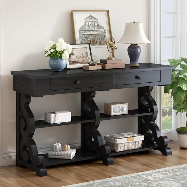 Qualler 54 in. Antique Black Rectangle Wood Console Table with Shelves and Drawers