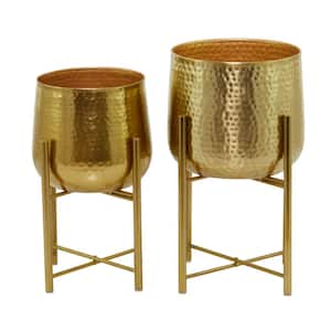 17 in., and 19 in. Medium Gold Metal Deep Recessed Dome Planter with Removable Stand (2- Pack)