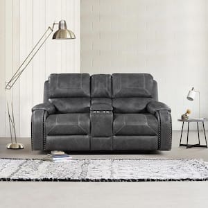 Logansport 76 in. W Gray Faux Leather Double Glider Reclining 2-Seater Loveseat with Center Console