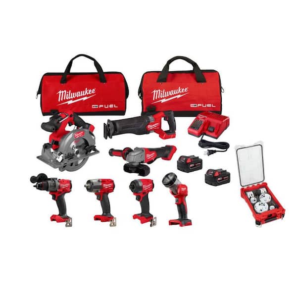 M18 FUEL 18V Brushless Cordless 7-Tool Combo Kit w/ (2) 5. 0Ah Batteries, Charger, 2 Bags with Hole Dozer 10-Pc
