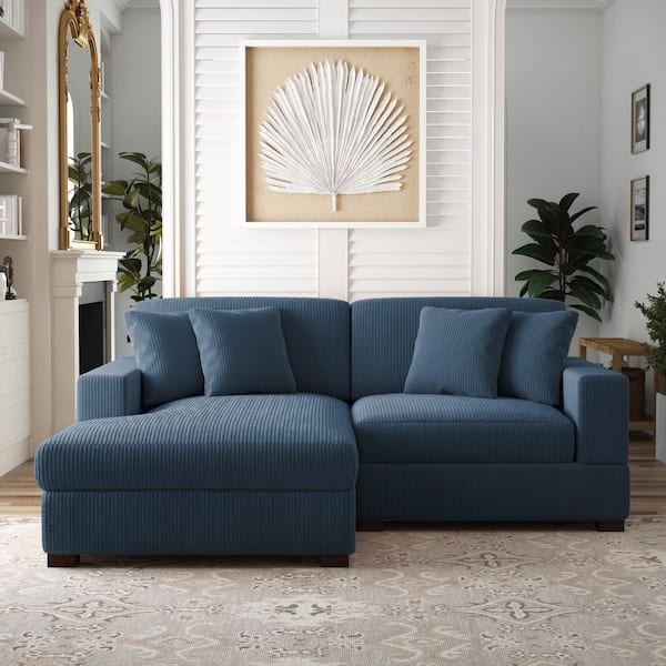 83.4 in. W Modern Square Arm 2-Piece Corduroy Fabric L-Shaped Sectional Sofa in Navy Blue with Wood Legs