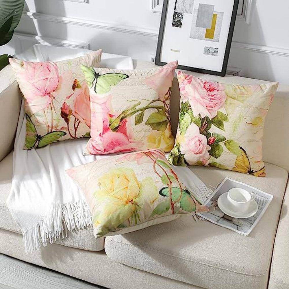 18x18 Inch Pink Roses and Butterfly Waterproof Euro Pillow Covers