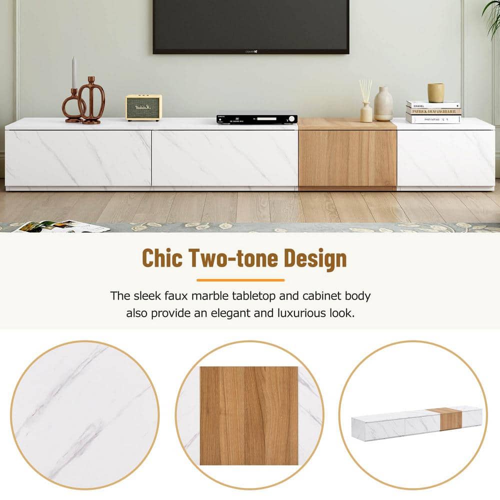 White Faux Marble and Walnut Grain TV Stand with 4 Storage Drawers