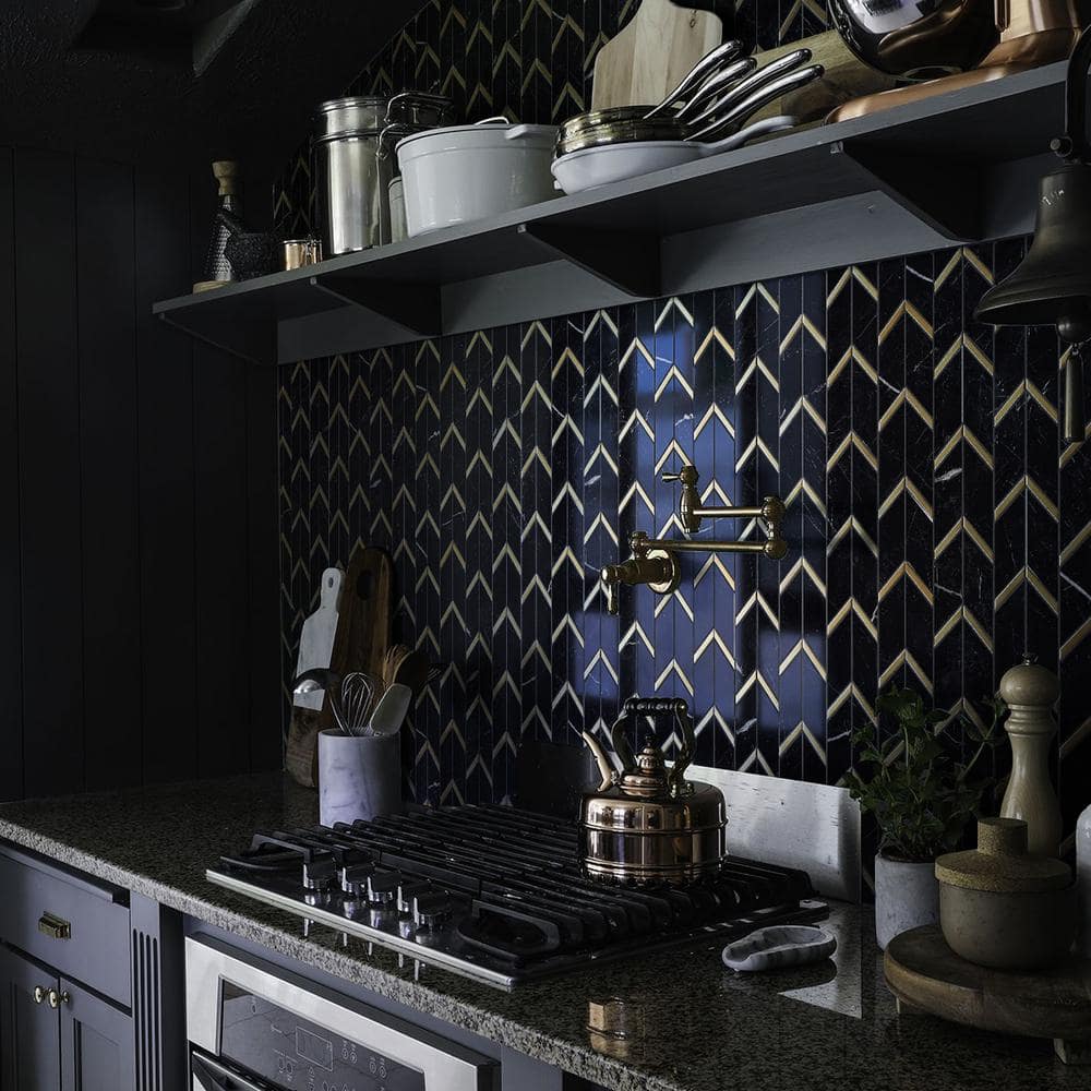 Black and Gold Chevron Marble Mosaic Wall Tile