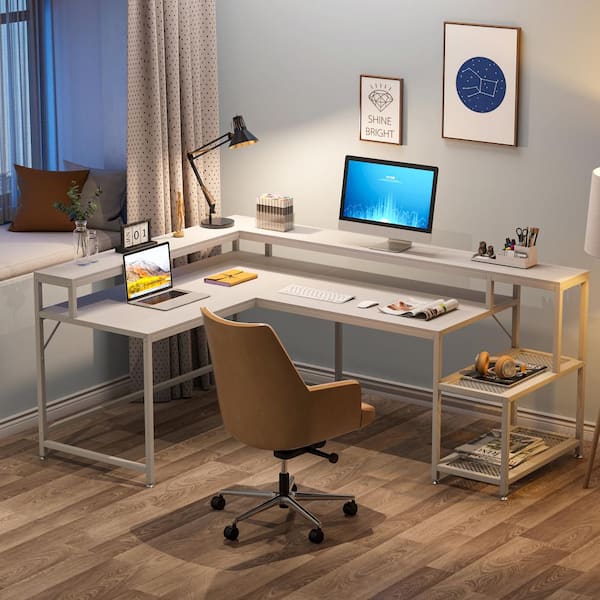 69 L-Shaped Computer Desk with Storage Shelf, Large Study Table Writing  Desk