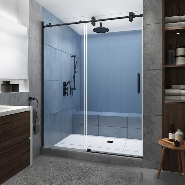 Aston Langham XL 52 in. - 56 in. x 80 in. Frameless Sliding Shower Door with StarCast Clear Glass in Matte Black, Right Hand
