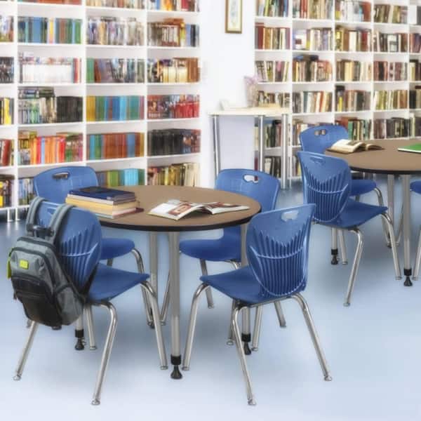 Kee 36 in. Round Noble Oak Adjustable Classroom Table Desk with Grey Base and 4 Andy 18 in. Blue Stack Chairs
