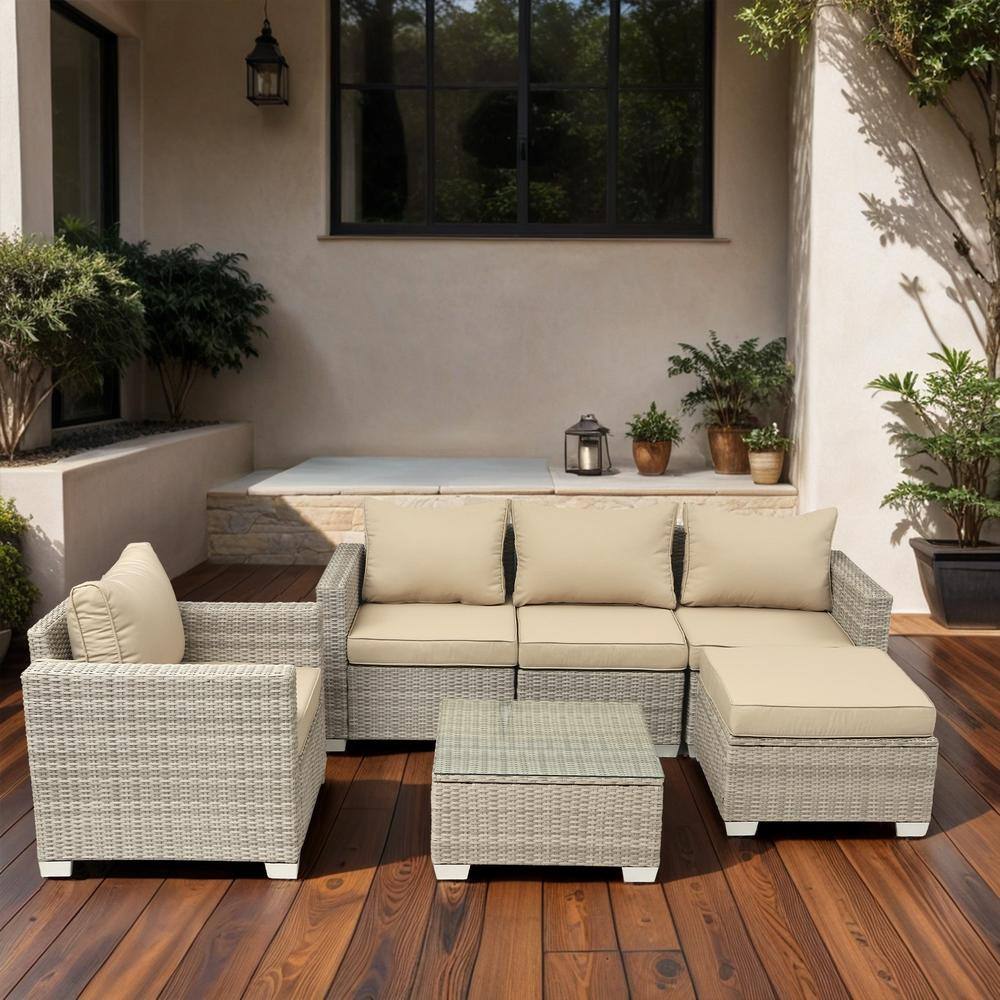Gray White Frame 6-Piece Wicker Outdoor Sofa Sectional Set with Field Gray 
