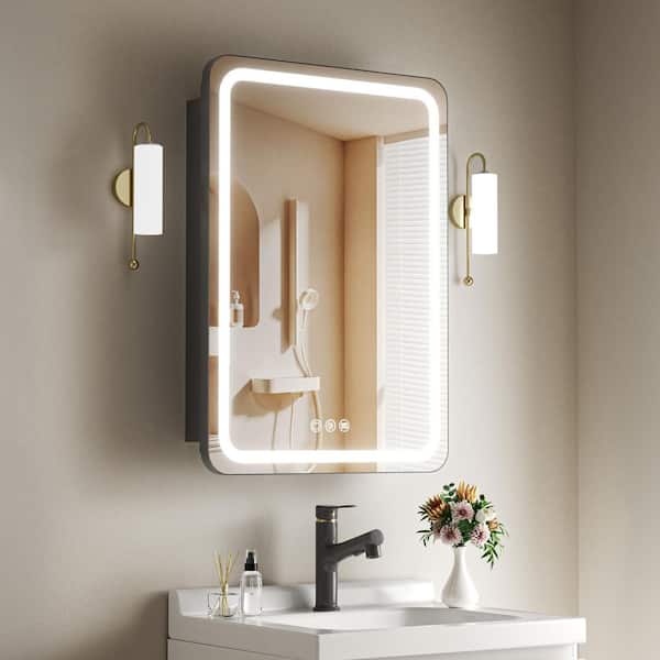 20 in. W x 28 in. H Rectangular Iron Medicine Cabinet with Mirror, Dimmable RGB Flowing Lights, Defogger, Outlet and USB