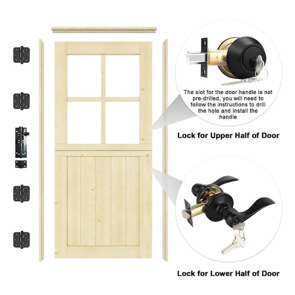36 in. x 80 in. Solid Universal 4-Lite Clear Glass Unfinished Dutch Wood Prehung Front Door +Quick Assemble Jamb + Lock
