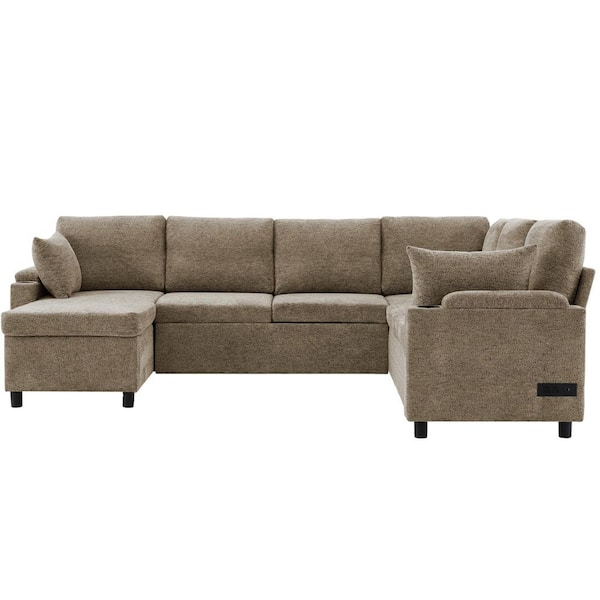 Dalton 109.9 in. Chenille Upholstered U-shaped Storage Sectional Sofa Bed in. Brown with Cup Holders & Charging Ports