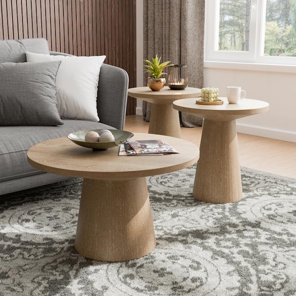 Furniture of America Leander 3 Piece 29 in. Oak Round Wood Coffee Table Set With 2 End Tables