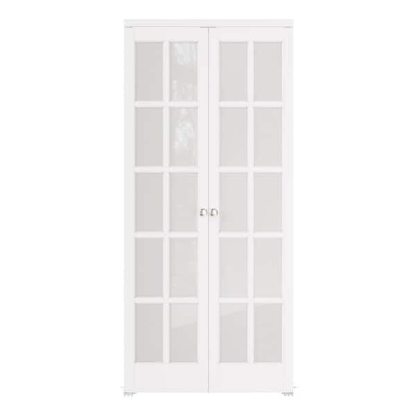 36 in. x 80 in. Frosted Glass Solid Core MDF Bi-fold Door Plus French Style Pivot Hardware (10-Lite White Finish)