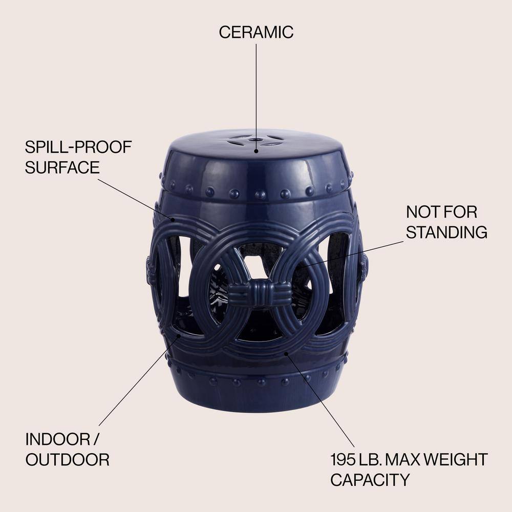 Navy Blue Ceramic Drum Garden Stool with Lucky Coin Design