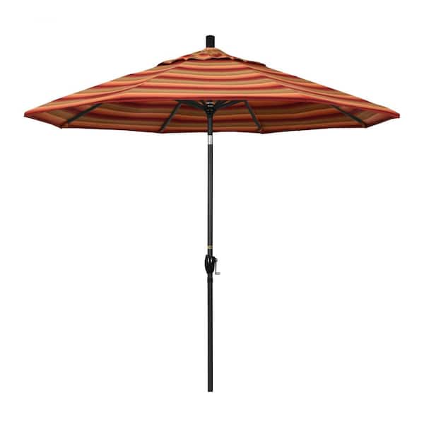 California Umbrella 9 ft. Stone Black Aluminum Push Button Tilt Crank Lift Market Patio Umbrella in Astoria Sunset Sunbrella