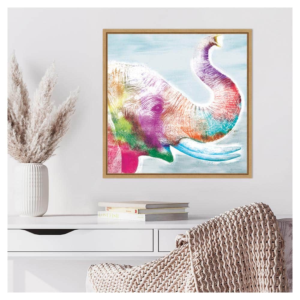 Colorful Elephant Giclee Print on Canvas with Maple Frame