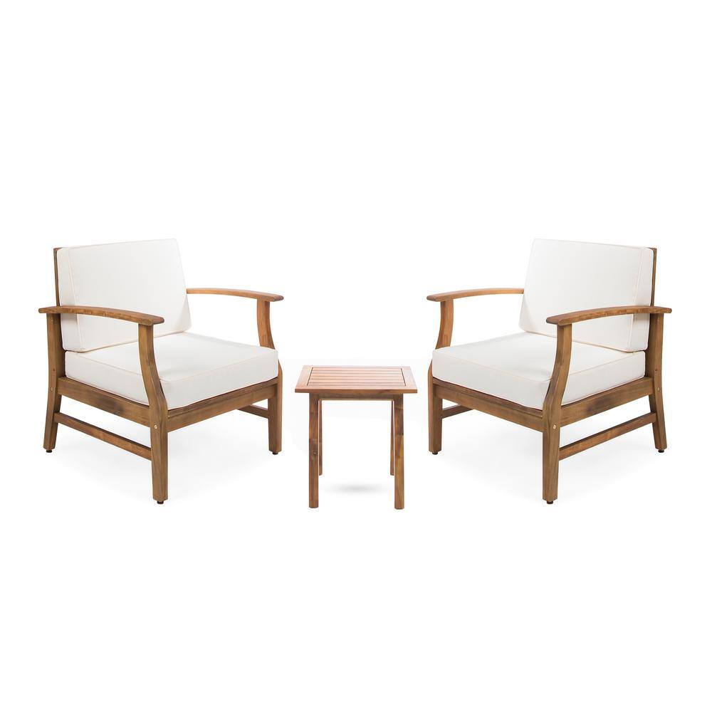 Teak Brown 3-Piece Outdoor Chat Set with Cream Cushions