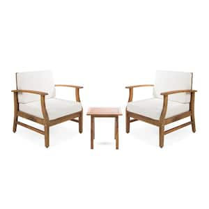 Perla Teak Brown 3-Piece Wood Outdoor Patio Conversation Seating Set with Cream Cushions