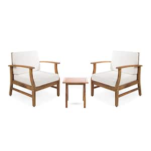 Perla Teak Brown 3-Piece Wood Patio Conversation Seating Set with Cream Cushions