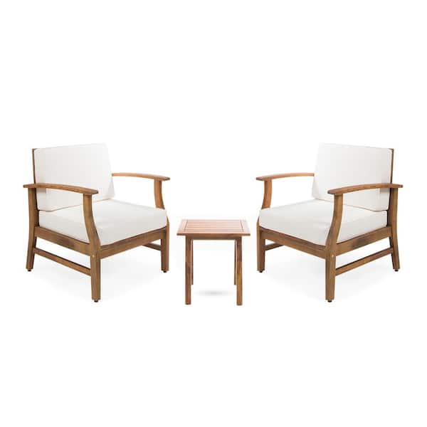 Perla Teak Brown 3-Piece Wood Outdoor Patio Conversation Seating Set with Cream Cushions