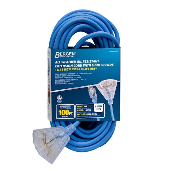 Bergen Industries 100 ft. 12/3 SJEOW 15 Amp/300-Volt All Weather Heavy-Duty Farm and Shop Extension Cord with Triple Tap Lighted End