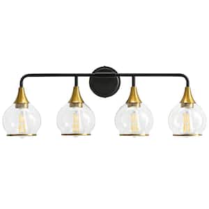 30 in. 4-Light Black and Gold Bathroom Vanity Light with Clear Globe Glass Shades