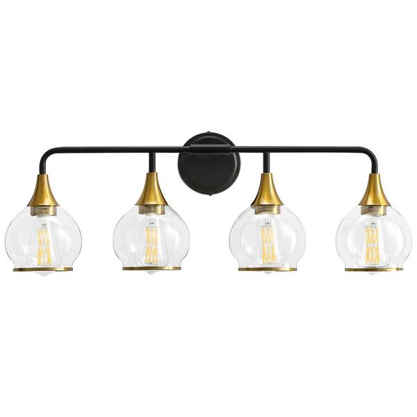 KAISITE 30 in. 4-Light Black and Gold Bathroom Vanity Light with Clear ...