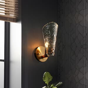 Modern 1-Light Plated Brass Gold Wall Sconce with Textured Glass for Bedroom, Foyer Wall Light LED Compatible