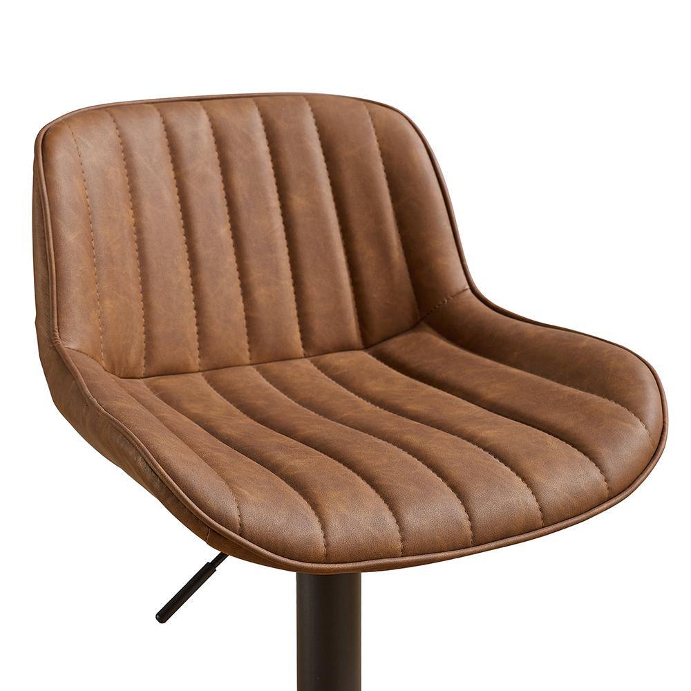 Cognac Faux Leather Adjustable Swivel Bar Stools with Black Base, Set of 2