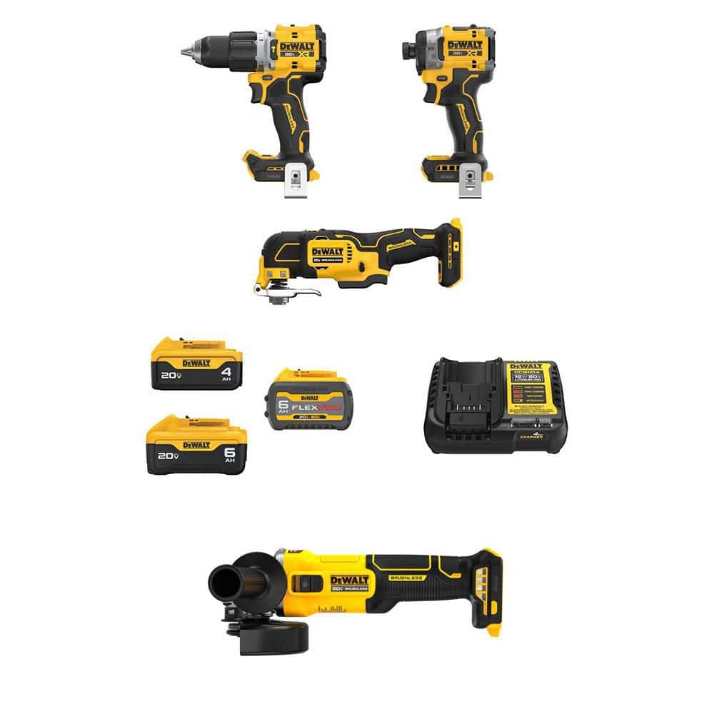 DEWALT 20V MAX Lithium-Ion Cordless Combo Kit (3-Tool) and 4-1/2 in. Grinder w/ FLEXVOLT 6Ah, 20V 6Ah & 4Ah Batteries & Charger (DCK316ST2M1W07B)