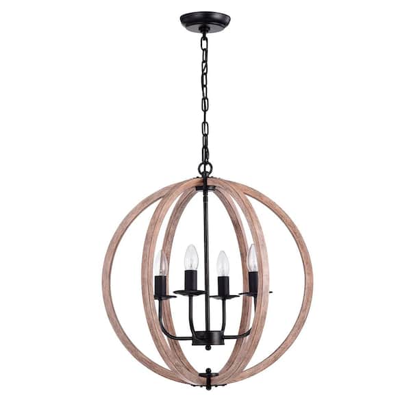 Sara 20.8 in. Dia Antique Black 4-Lights Natural Wood Orb Chandelier