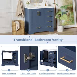 36 in. W Single Sink Freestanding Bath Vanity in Blue with White Solid Surface Top, 2 Doors and 4 Drawers