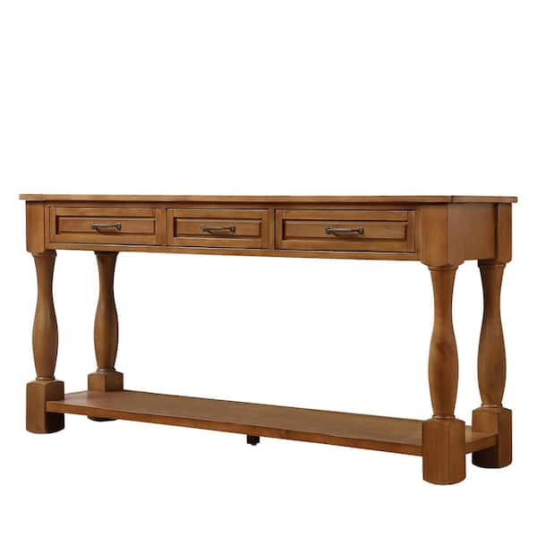 Unbranded 63.4 in. W x 14.6 in. D x 30 in. H Brown Linen Cabinet with 3-Drawer Console Table, Shelf and Pine Legs
